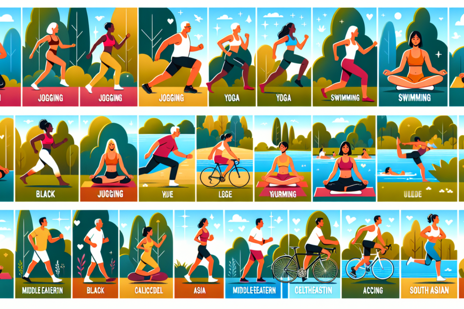 An illustrated guide featuring a diverse group of people of different ages and ethnicities engaging in 20 different exercises such as jogging, yoga, swimming, and cycling in a serene park setting, wit