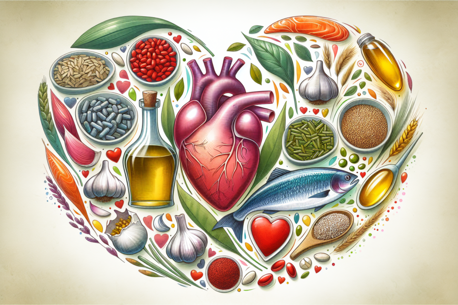 An illustrated collage of various natural supplements and herbs known for lowering cholesterol, such as garlic, fish oil, red yeast rice, flaxseeds, and green tea, artfully arranged around a heart-sha
