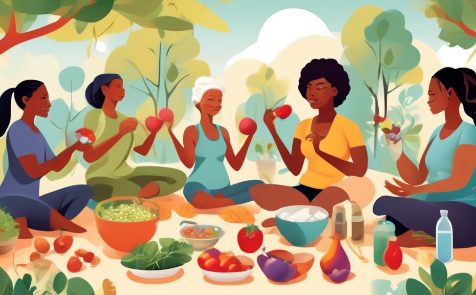 An illustrated guide showing 20 natural methods to reduce cholesterol, depicting diverse people of various ages and ethnicities engaging in activities like exercising, cooking with healthy ingredients