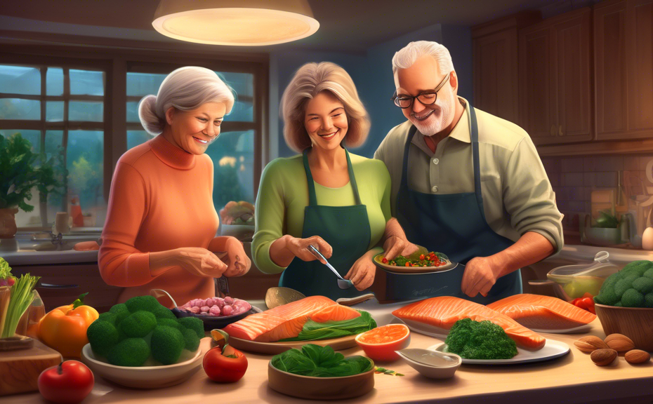 Create a digital painting of a cozy kitchen scene with a middle-aged couple preparing a healthy dinner together. The table is set with various diabetic-friendly dishes such as grilled salmon with a si