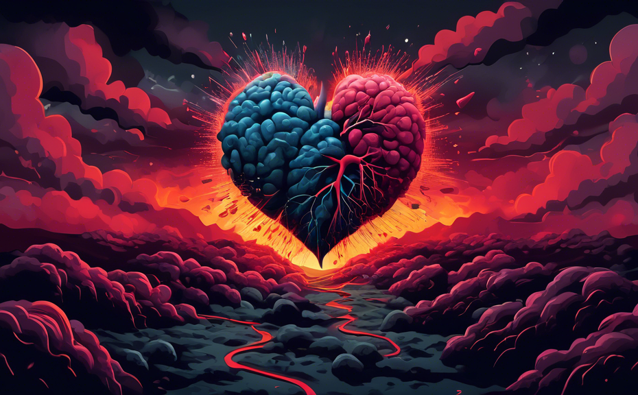 An artistic depiction of harmful cholesterol particles attacking a human heart, set in a dramatic, foreboding landscape to symbolize danger and health risks, with stormy clouds above and a dark, moody