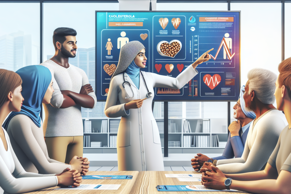 An illustration of a doctor explaining a cholesterol chart to a diverse group of attentive adults in a bright, modern clinic setting, with educational posters on the walls and a digital display showin