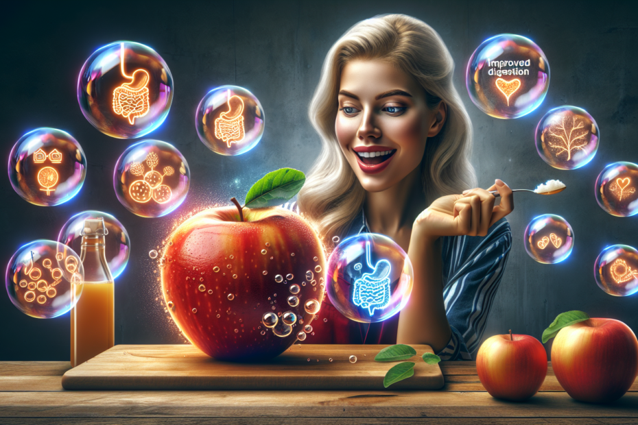 A vibrant digital painting depicting a person joyfully examining a large, shiny apple surrounded by bubbles of apple cider vinegar, with illustrated benefits like improved digestion and glowing skin f