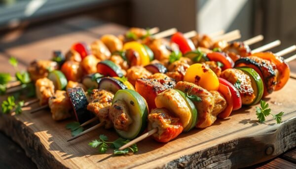 grilled chicken and vegetable skewers