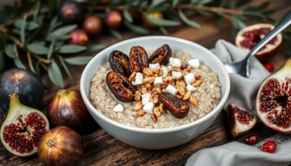 Mediterranean oatmeal with dates and goat cheese