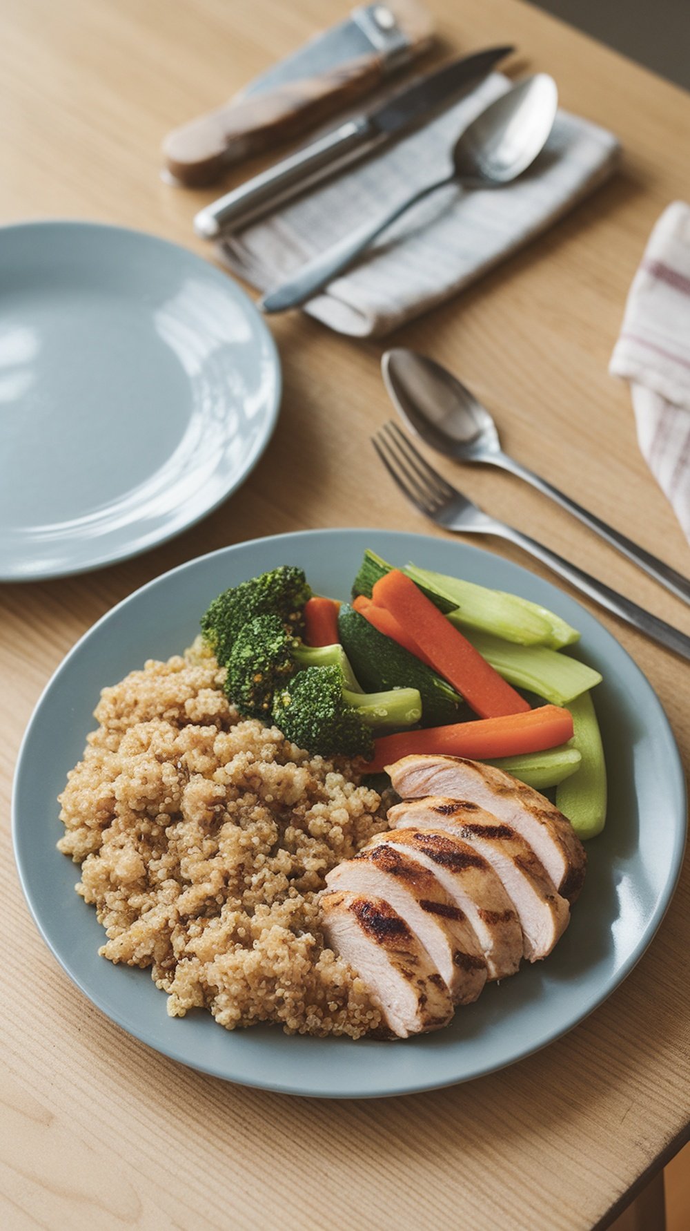 A plate with grilled chicken, quinoa, and mixed vegetables on a wooden table.