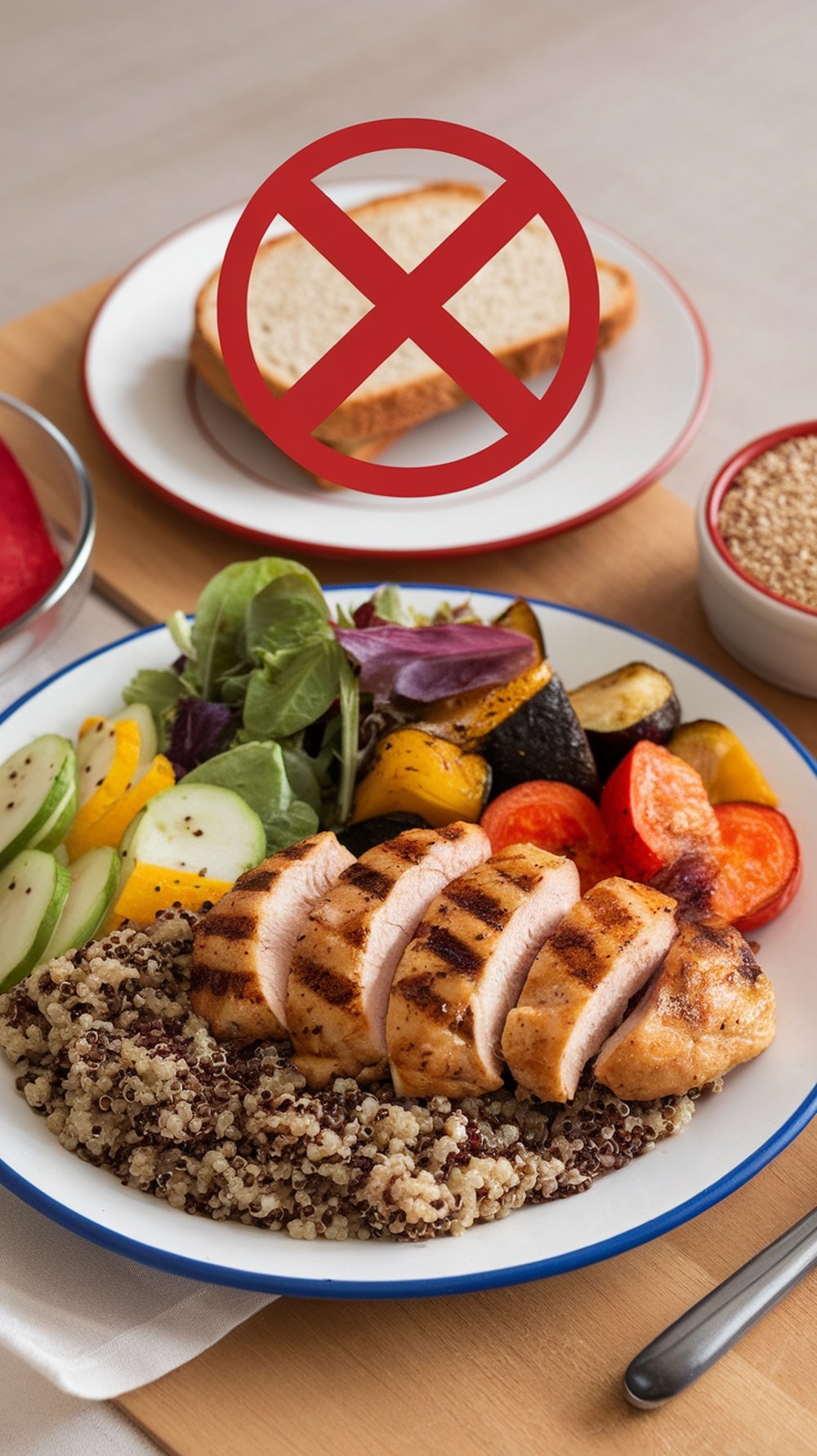 A plate with grilled chicken, quinoa, and vegetables, with a slice of bread crossed out.