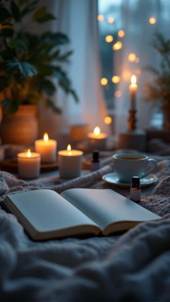 A cozy nighttime setup with candles, a cup of tea, an open journal, and essential oils, creating a calming atmosphere.