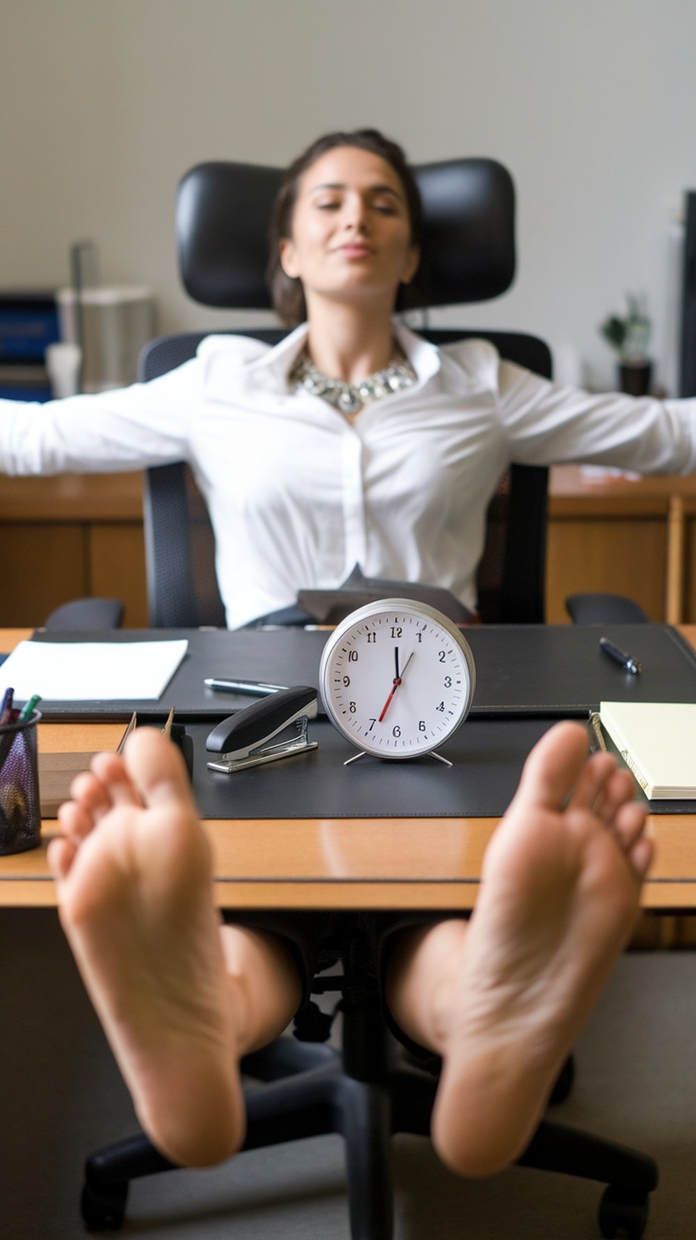 A woman stretching at her desk, surrounded by papers and an alarm clock, illustrating the importance of movement breaks.