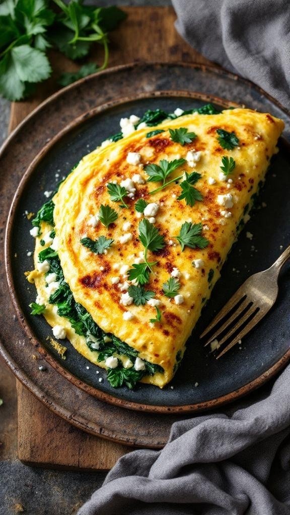 A delicious spinach and feta omelette garnished with parsley on a dark plate.