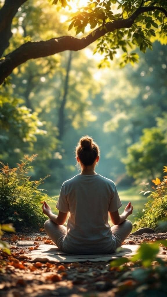 A person meditating in a peaceful forest setting, surrounded by greenery and sunlight.