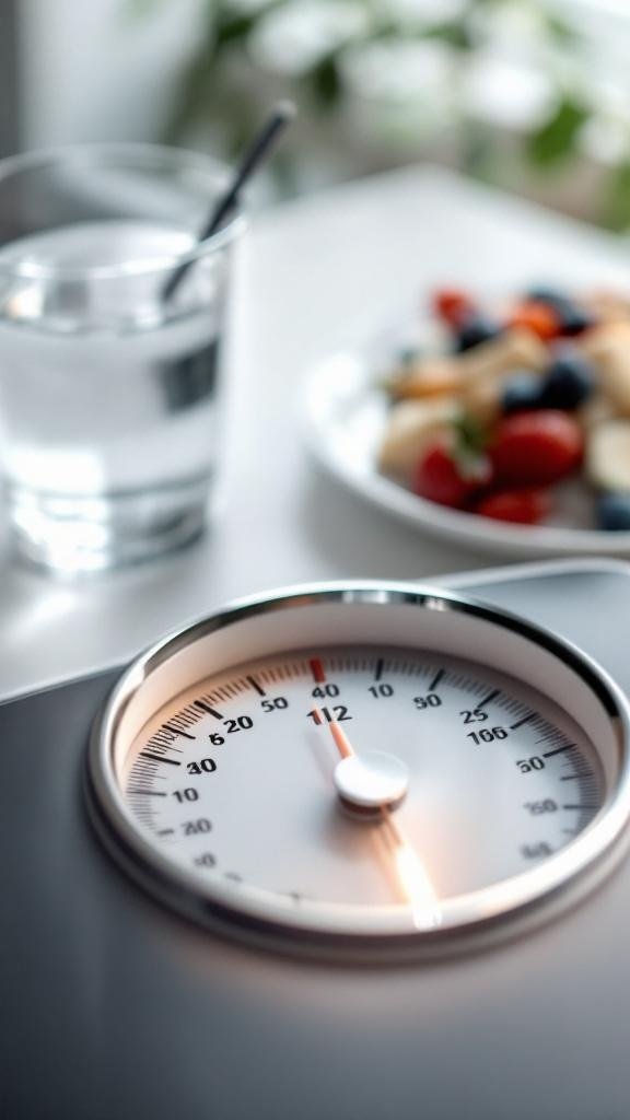 A close-up of a scale showing a weight reading, with a glass of water and a plate of fruit in the background.
