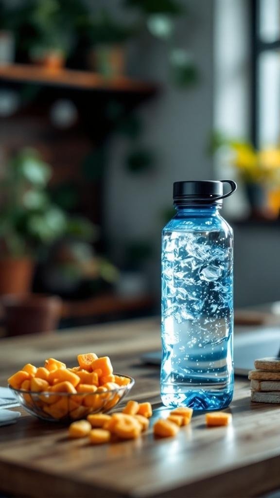 A clear water bottle filled with water next to a bowl of healthy snacks on a wooden table.