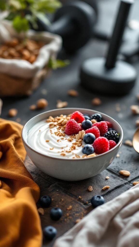A bowl of Greek yogurt topped with berries and nuts, with weights in the background.