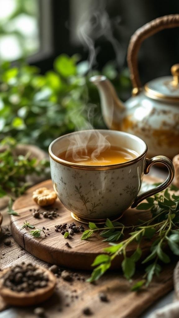 A steaming cup of herbal tea on a wooden board, surrounded by fresh herbs and spices.