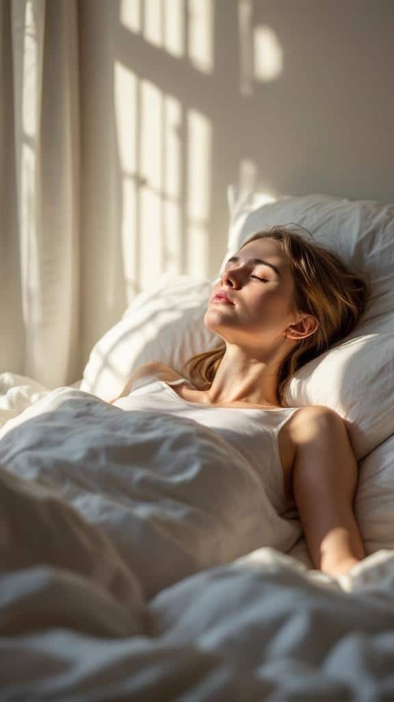 A woman practicing mindful breathing exercises in bed, with sunlight filtering through the window.