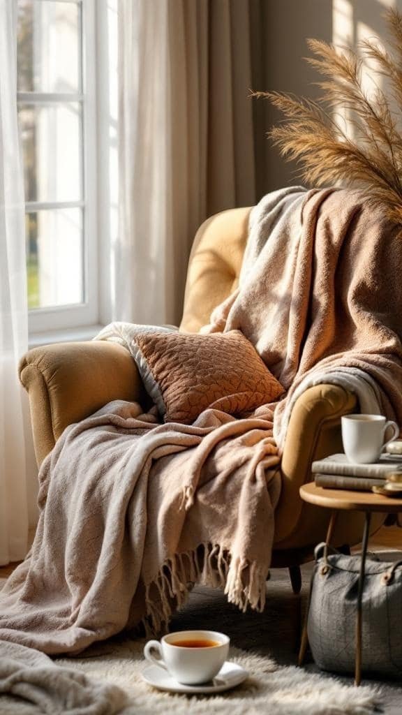 A cozy armchair with soft blankets and a cup of tea, creating a warm and inviting atmosphere.