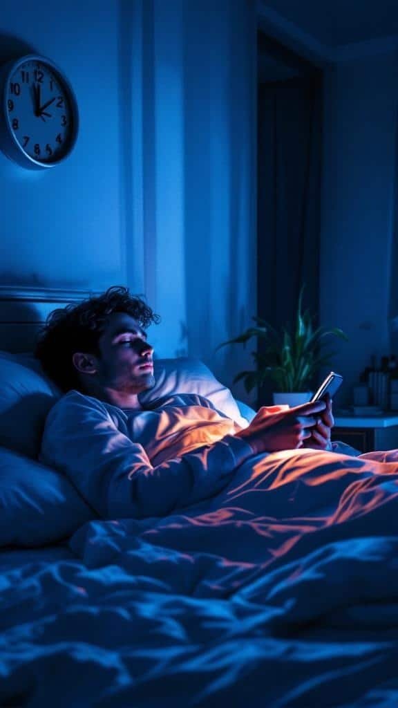 A person in bed looking at their phone in a dimly lit room, with a clock showing 3 AM.