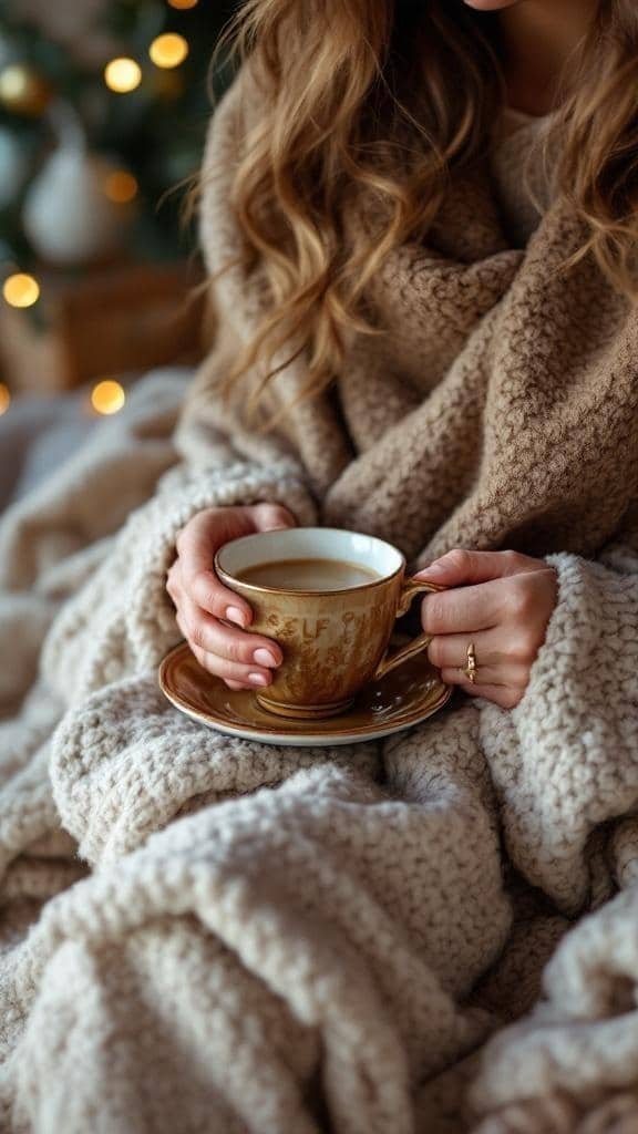 A person holding a warm cup of tea while wrapped in a cozy blanket, symbolizing self-compassion.