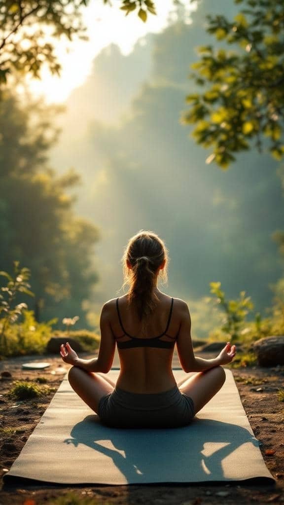 A person practicing mindfulness meditation outdoors, sitting on a yoga mat surrounded by nature.