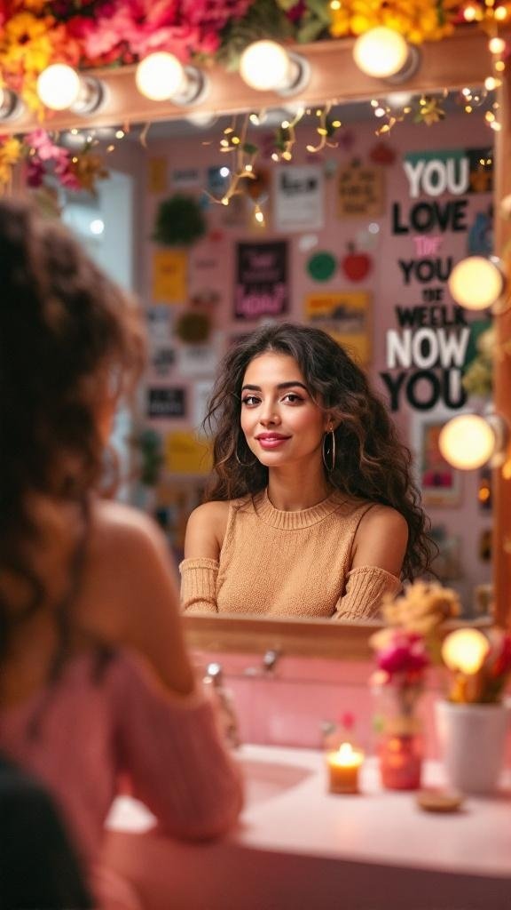 A young woman looking confidently into a mirror, surrounded by bright lights and cheerful decorations, reflecting a moment of self-acceptance.