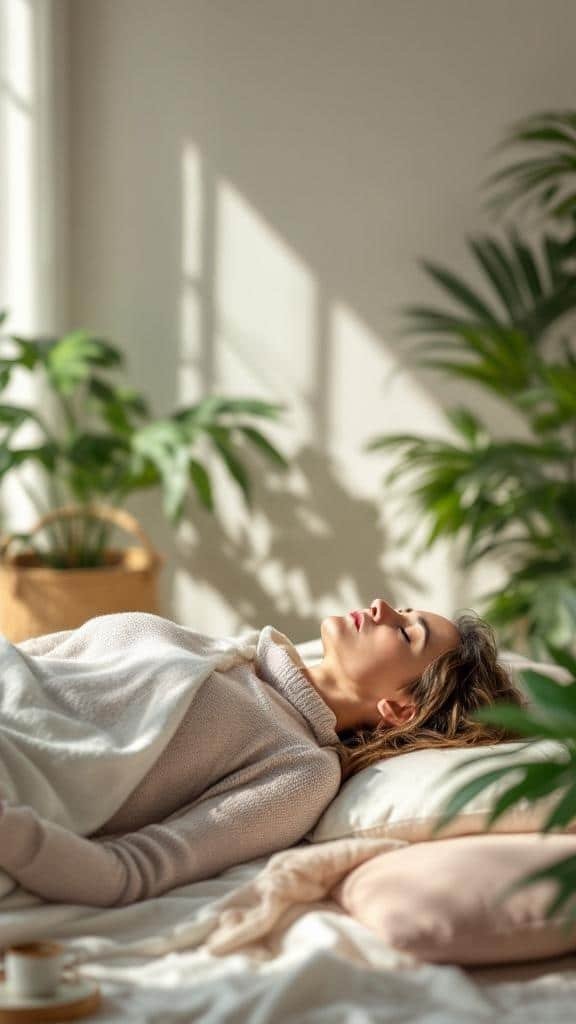 A person lying in bed, practicing relaxation techniques surrounded by plants and soft light.