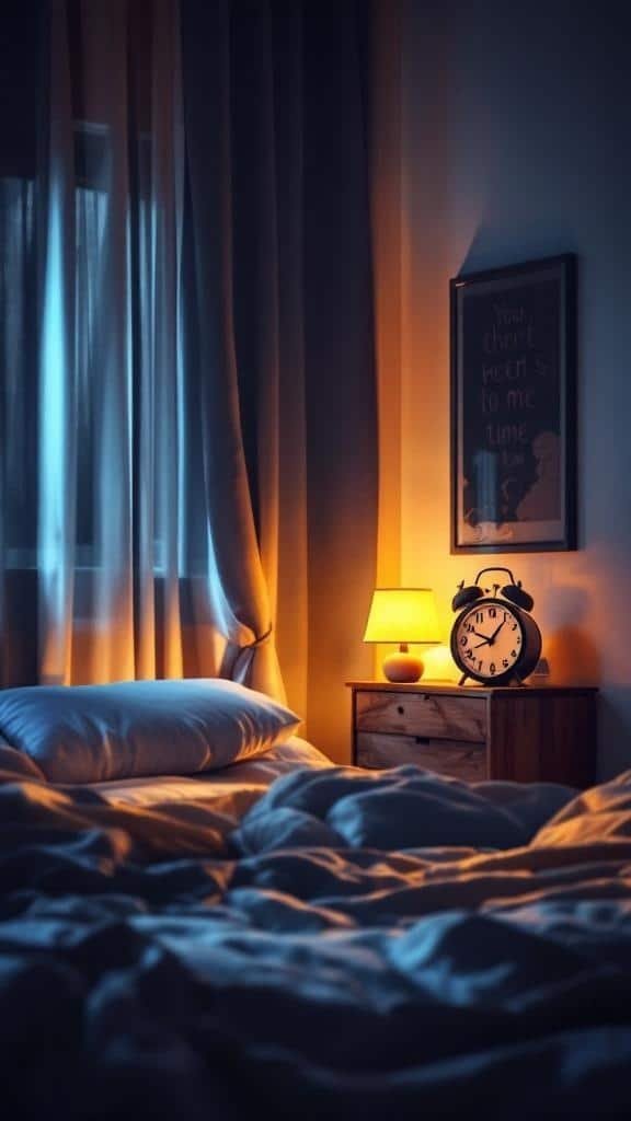 A cozy bedroom with soft lighting, a comfortable bed, and an alarm clock, illustrating a peaceful sleep environment.