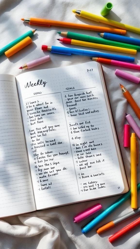 A notebook with handwritten weekly goals surrounded by colorful pens.