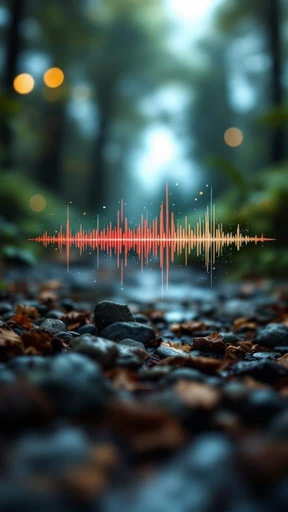A sound wave graphic overlaying a tranquil forest scene, symbolizing noise filtering technology.