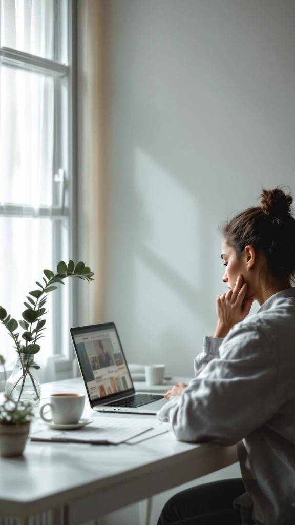 A woman sitting at a desk, looking thoughtfully at her laptop with a cup of coffee beside her.