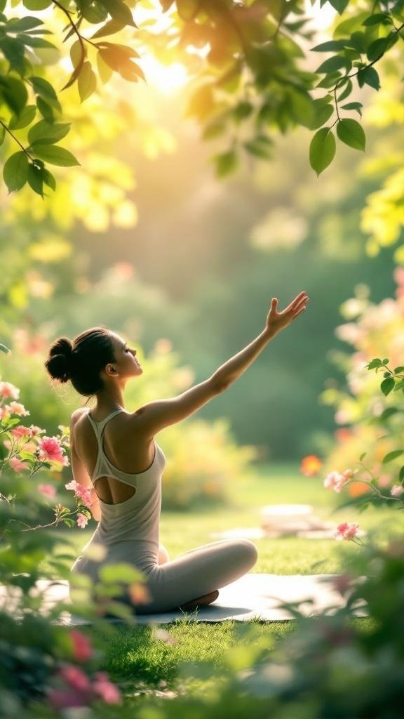 A person practicing yoga in a serene garden surrounded by flowers and greenery.