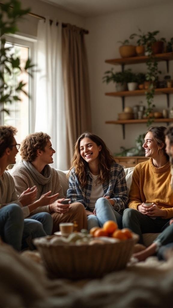 A group of friends sitting together, laughing and enjoying each other's company in a cozy living room.