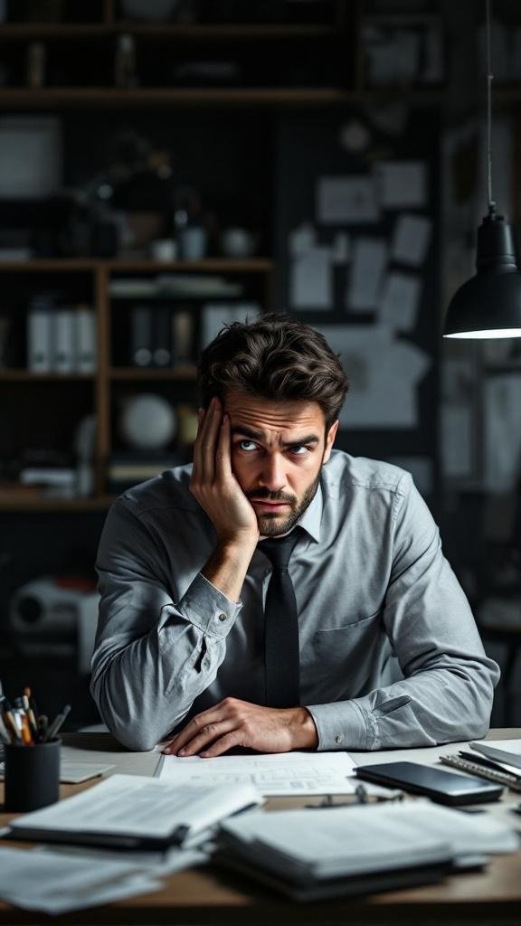 A man looking stressed at a cluttered desk, symbolizing the fear of being exposed despite productivity.