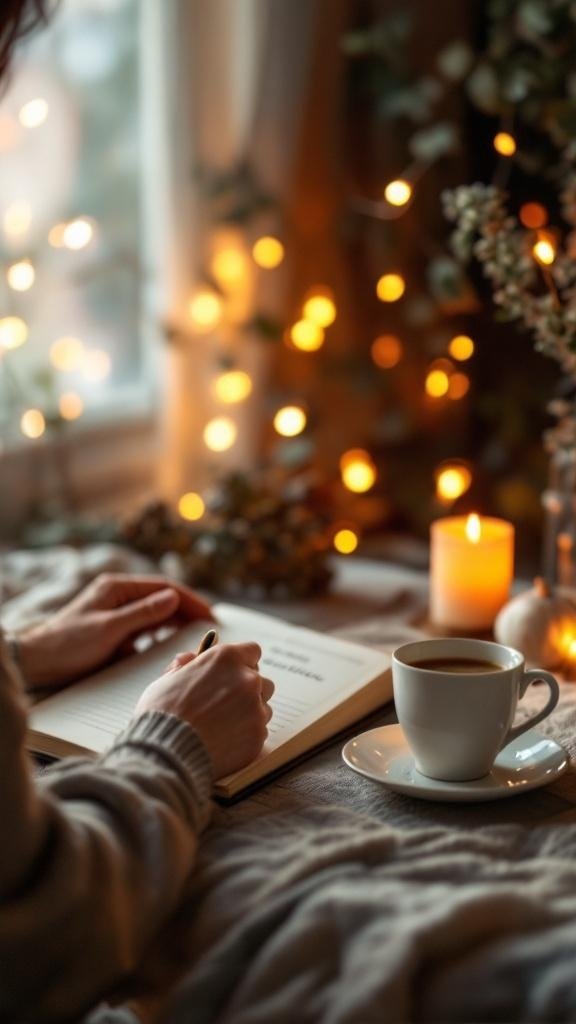 A person writing in a journal with a cup of coffee and candles in a cozy setting.