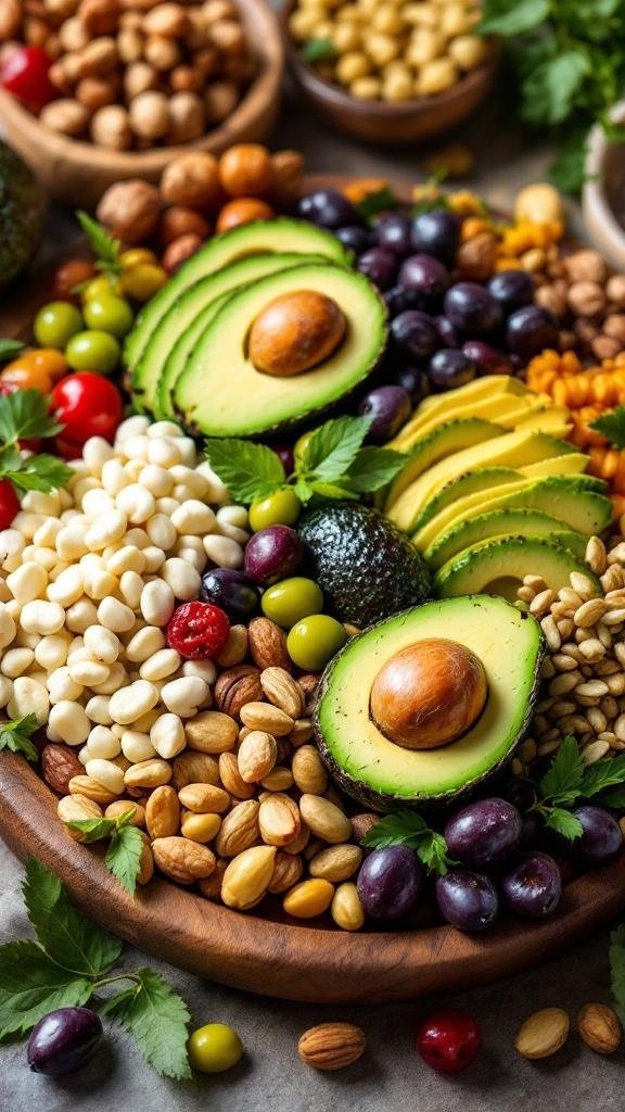 A colorful assortment of healthy fats including avocados, nuts, and seeds arranged on a wooden platter.