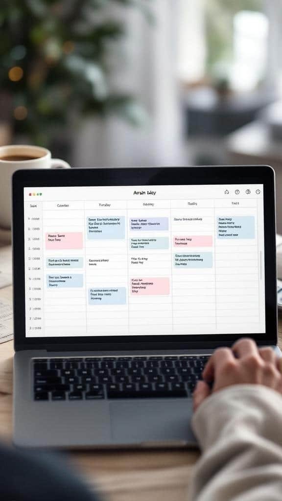 A digital calendar on a laptop showing time blocking for the week.
