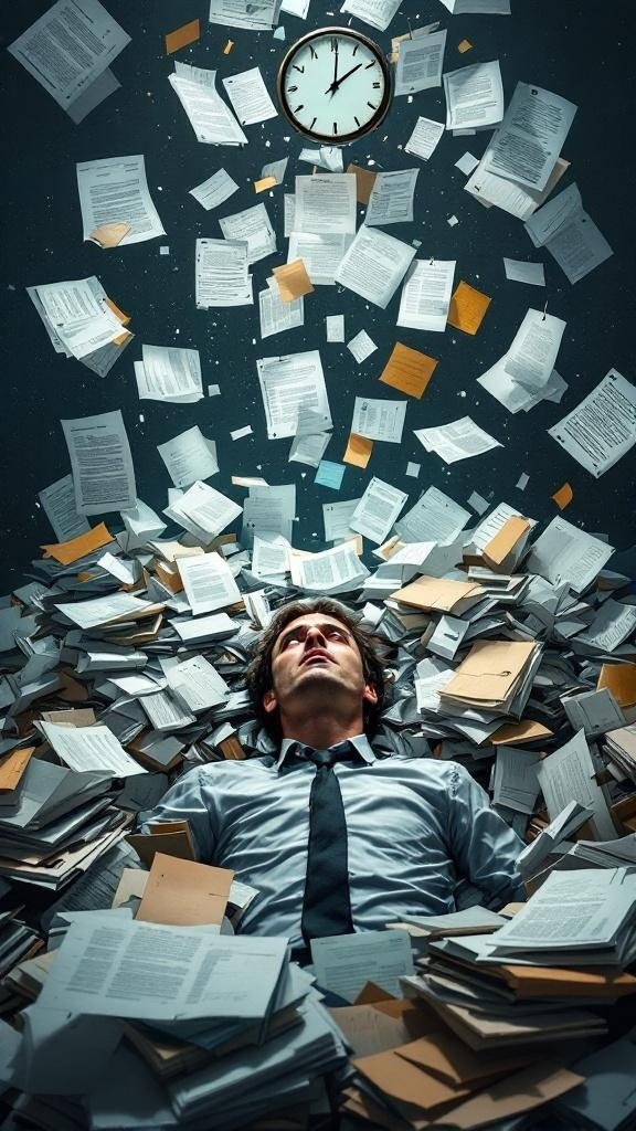 A man lying on the floor surrounded by flying papers, with a clock above him, symbolizing overwhelm from unrealistic expectations.