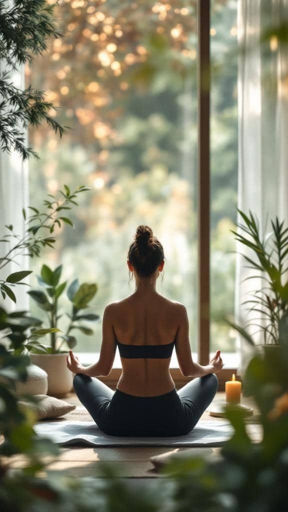 A person meditating in a serene room filled with plants and soft lighting, promoting relaxation.