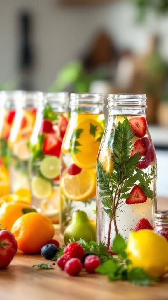 Colorful bottles of fruit-infused water with various fruits and herbs