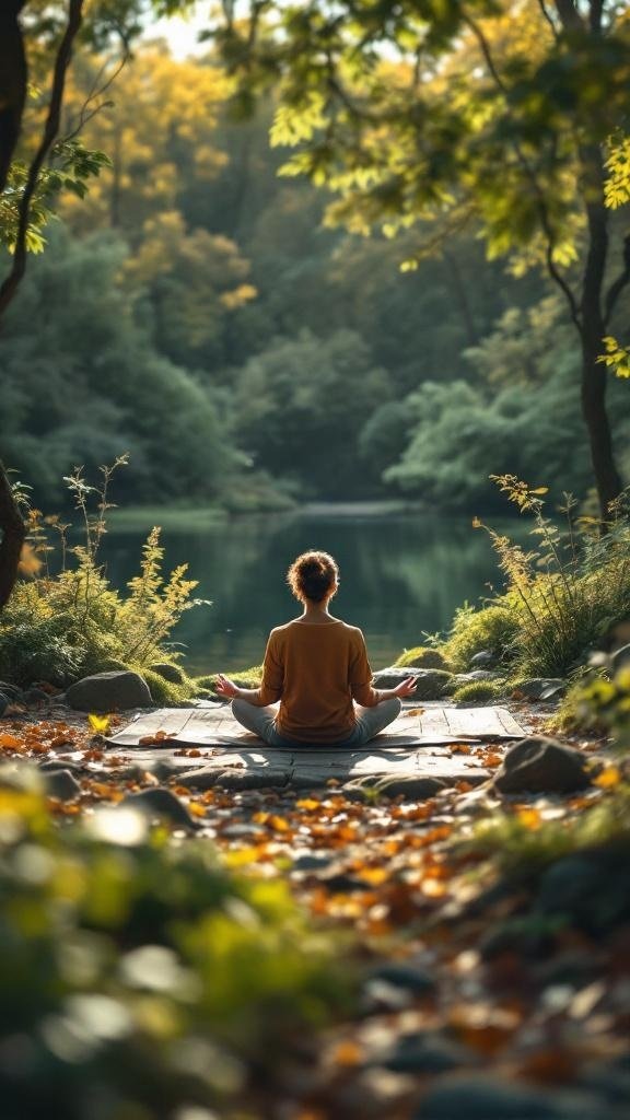 A person meditating by a calm lake surrounded by trees and autumn leaves.
