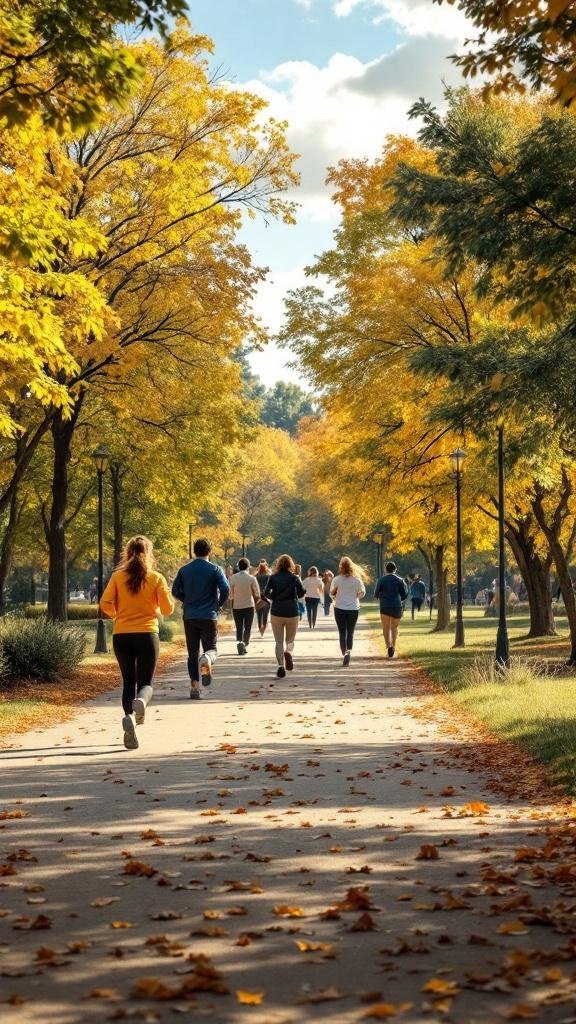 A group of people jogging in a park during autumn, surrounded by colorful trees and fallen leaves.