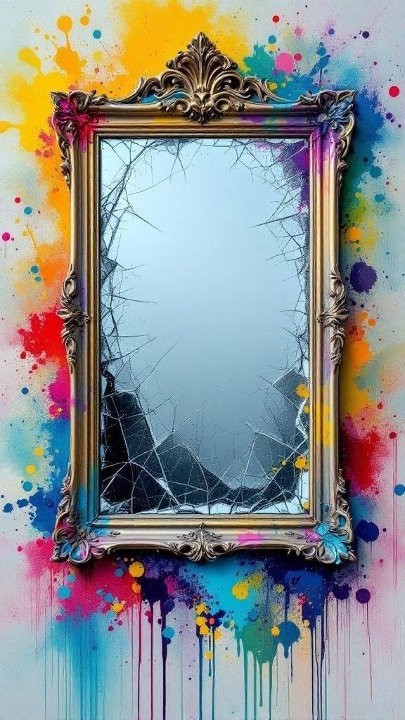 A cracked mirror framed in ornate gold, surrounded by colorful paint splashes.