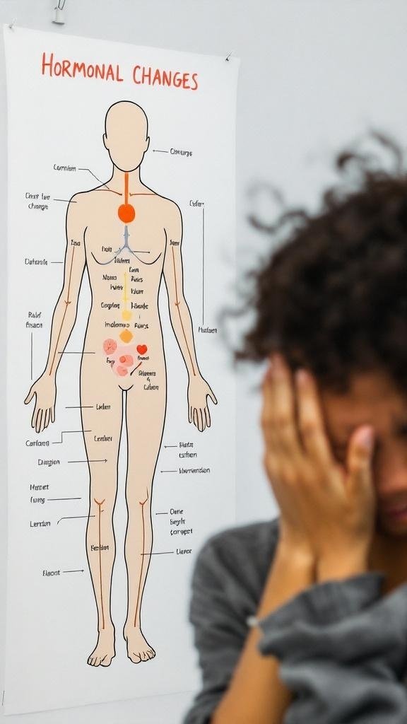 Diagram showing hormonal changes in the human body with a person looking distressed in the foreground.