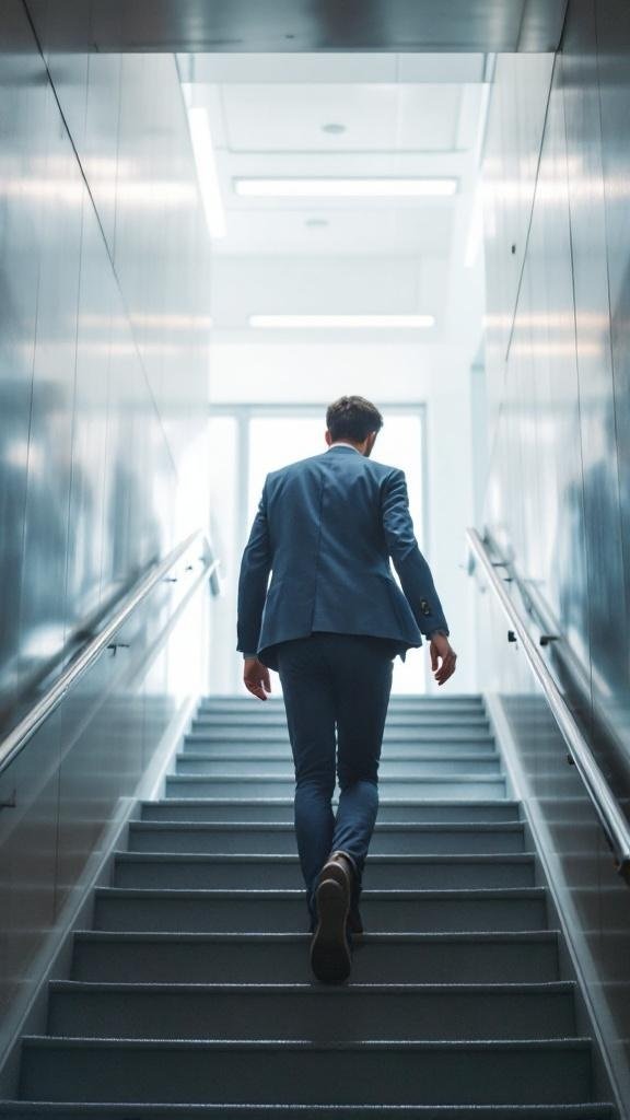 A person in a suit walking up a staircase, symbolizing increased daily activity.