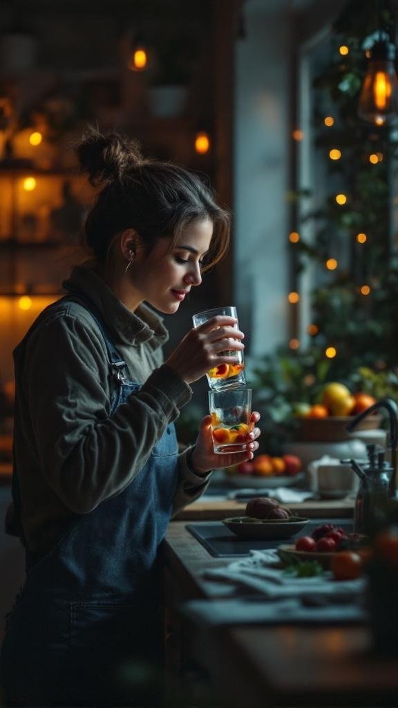 A woman preparing a fruit-infused drink in a cozy kitchen setting.