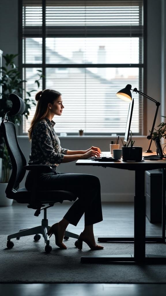 A woman sitting at a desk with good posture while working on a computer.