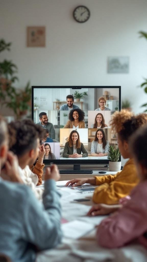 A group of people participating in a virtual meeting on a large screen, with some individuals taking notes and engaging in discussion.