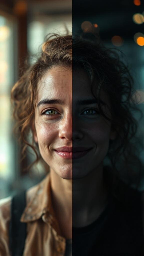 A woman with a split face, one side bright and the other in shadow, representing the contrast between external pressure and internal drive.