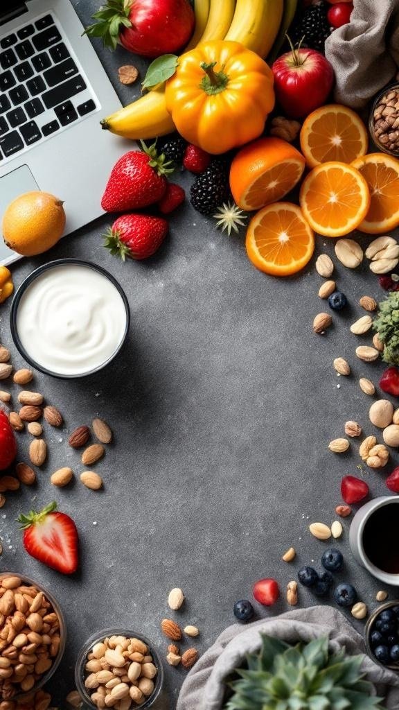 A variety of healthy snacks including fruits, nuts, and yogurt on a desk next to a laptop.