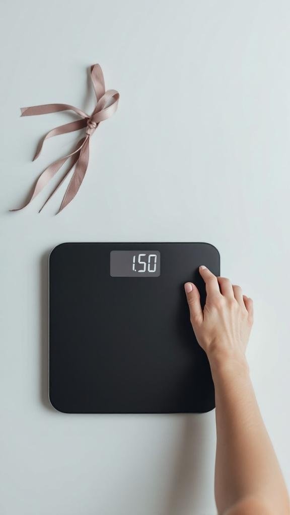 A hand adjusting a digital scale showing 1.50 kg, with a ribbon beside it.